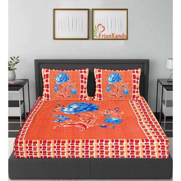 Red Floral Print 120 TC Cotton Double Bed Sheet with 2 Pillow Covers (SHKAP1195) - Frionkandy