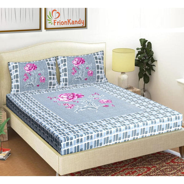 Grey Floral Print 120 TC Cotton Double Bed Sheet with 2 Pillow Covers (SHKAP1196) - Frionkandy