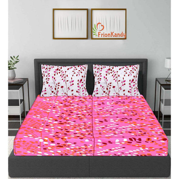 Pink Leaf Print 120 TC Cotton Double Bed Sheet with 2 Pillow Covers (SHKAP1201) - Frionkandy