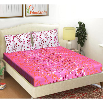 Pink Leaf Print 120 TC Cotton Double Bed Sheet with 2 Pillow Covers (SHKAP1201) - Frionkandy