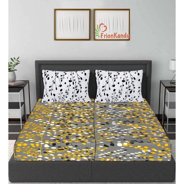 Grey Leaf Print 120 TC Cotton Double Bed Sheet with 2 Pillow Covers (SHKAP1202) - FrionKandy