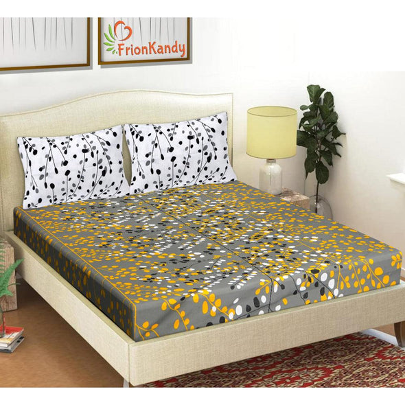 Grey Leaf Print 120 TC Cotton Double Bed Sheet with 2 Pillow Covers (SHKAP1202) - FrionKandy