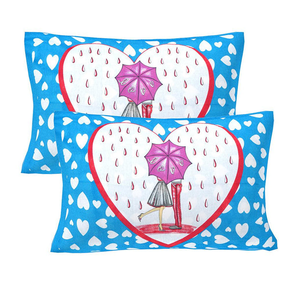 Aqua Blue Loving Couple Print 120 TC Cotton Double Bed Sheet with 2 Pillow Covers (SHKAP1204) - Frionkandy