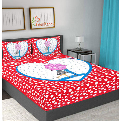Red Loving Couple Print 120 TC Cotton Double Bed Sheet with 2 Pillow Covers (SHKAP1205) - FrionKandy