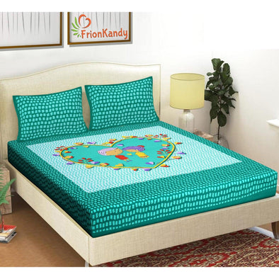 Sea Green Jaipuri Print 120 TC Cotton Double Bed Sheet with 2 Pillow Covers (SHKAP1209) - FrionKandy