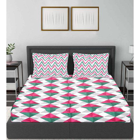Pink Jaipuri Print 120 TC Cotton Double Bed Sheet with 2 Pillow Covers (SHKAP1211) - Frionkandy