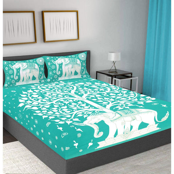 Light Blue Jaipuri Print 120 TC Cotton Double Bed Sheet with 2 Pillow Covers (SHKAP1212) - FrionKandy