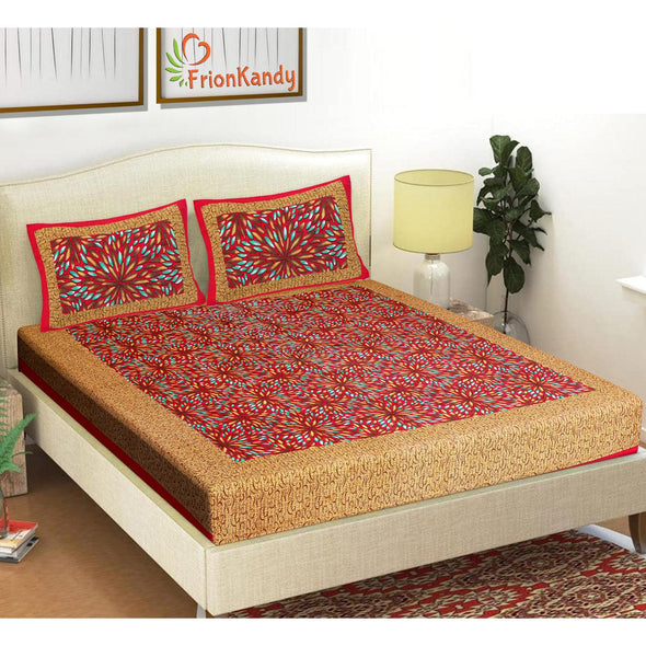 Red Jaipuri Print 120 TC Cotton Double Bed Sheet with 2 Pillow Covers (SHKAP1213) - Frionkandy