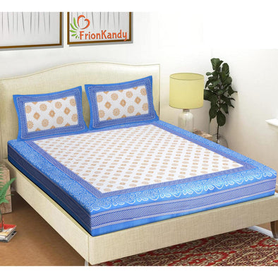 Blue Jaipuri Print 120 TC Cotton Double Bed Sheet with 2 Pillow Covers (SHKAP1226) - FrionKandy