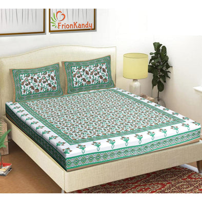 Green Jaipuri Print 120 TC Cotton Double Bed Sheet with 2 Pillow Covers (SHKAP1229) - FrionKandy