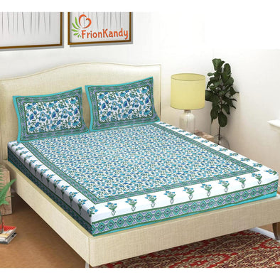 Turquoise Jaipuri Print 120 TC Cotton Double Bed Sheet with 2 Pillow Covers (SHKAP1231) - FrionKandy