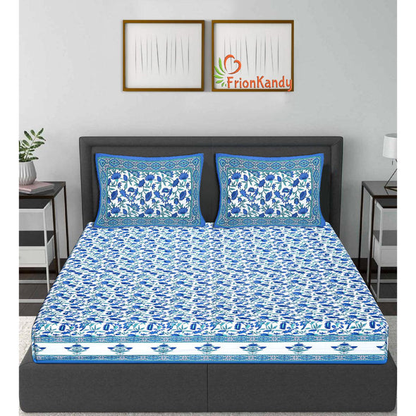 Blue Jaipuri Print 120 TC Cotton Double Bed Sheet with 2 Pillow Covers (SHKAP1232) - FrionKandy