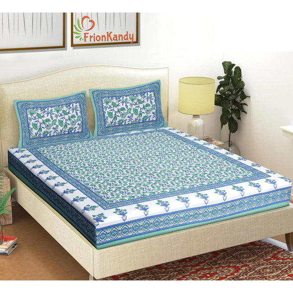 Turquoise Jaipuri Print 120 TC Cotton Double Bed Sheet with 2 Pillow Covers (SHKAP1233) - Frionkandy