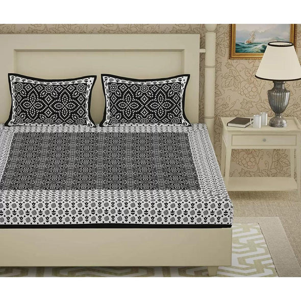 Black Jaipuri Print 120 TC Cotton Double Bed Sheet with 2 Pillow Covers (SHKAP1234) - Frionkandy