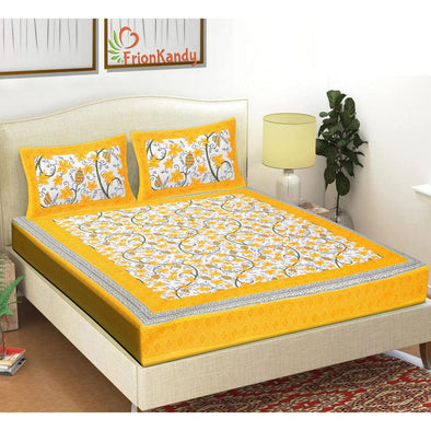 Yellow Jaipuri Print 120 TC Cotton Double Bed Sheet with 2 Pillow Covers (SHKAP1235) - FrionKandy