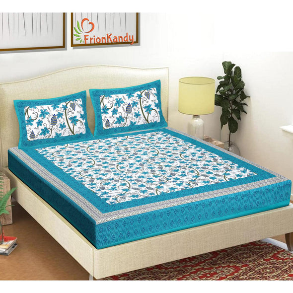 Turquoise Jaipuri Print 120 TC Cotton Double Bed Sheet with 2 Pillow Covers (SHKAP1236) - FrionKandy