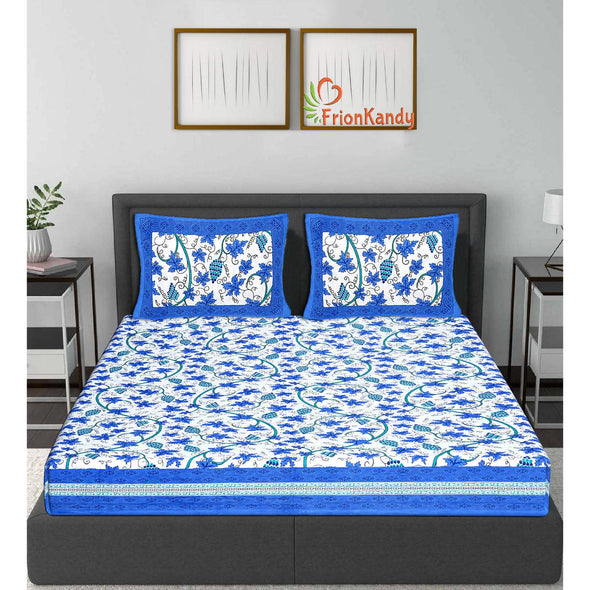 Blue Jaipuri Print 120 TC Cotton Double Bed Sheet with 2 Pillow Covers (SHKAP1237) - Frionkandy