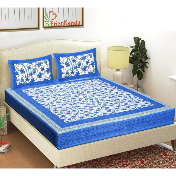 Blue Jaipuri Print 120 TC Cotton Double Bed Sheet with 2 Pillow Covers (SHKAP1237) - FrionKandy