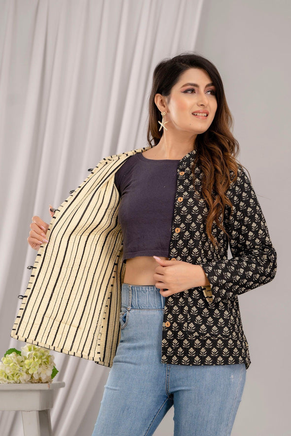 Women Printed Lightweight Cotton Quilted Black Jacket - SHKL1016 - Frionkandy