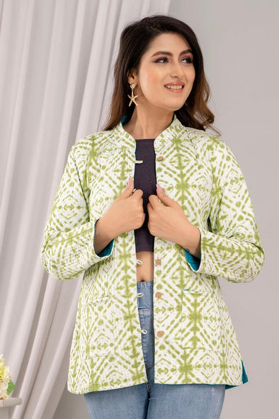Women Printed Lightweight Cotton Quilted Light Green Jacket - SHKL1018 - Frionkandy