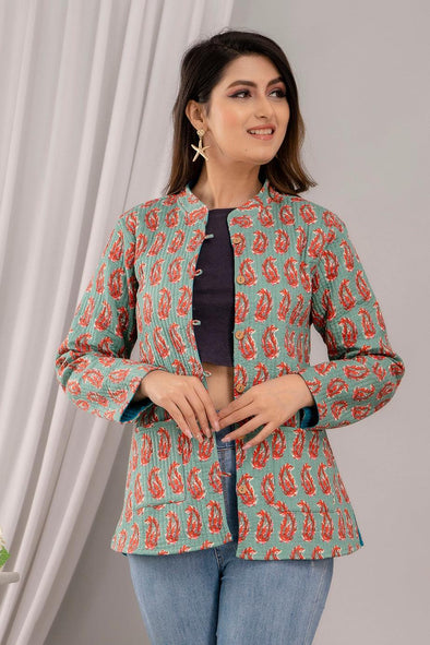 Women Printed Lightweight Cotton Quilted Teal Blue Jacket - SHKL1022 - Frionkandy