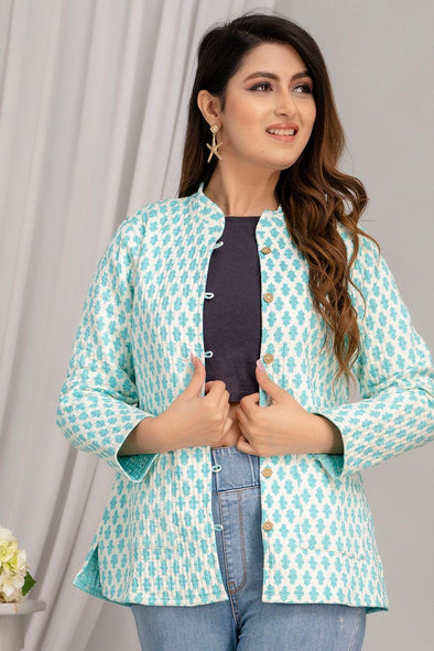 Women Printed Lightweight Cotton Quilted Turquoise Blue Jacket - SHKL1024 - Frionkandy