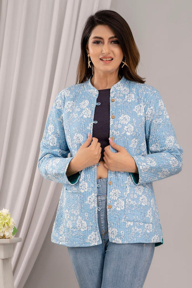 Women Printed Lightweight Cotton Quilted Sky Blue Jacket - SHKL1025 - Frionkandy