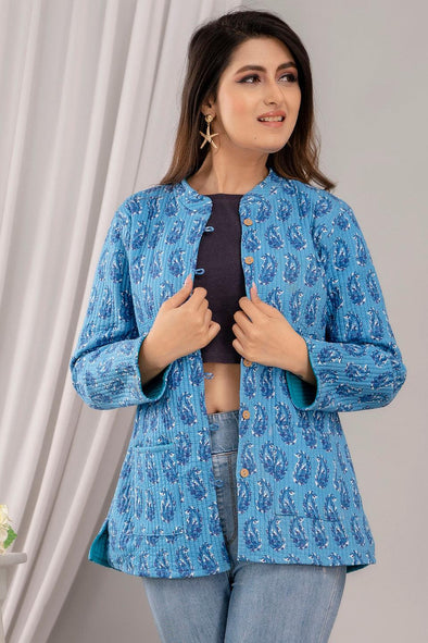 Women Printed Lightweight Cotton Quilted Blue Jacket - SHKL1027 - Frionkandy