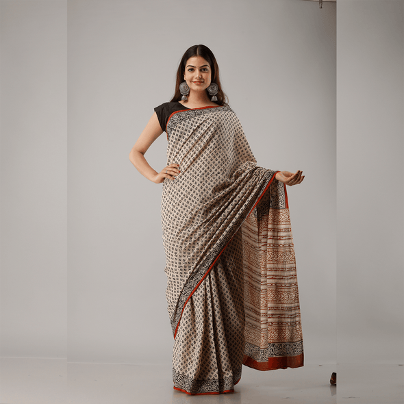 Small Motif Bagru Printed Cotton Saree - Frionkandy