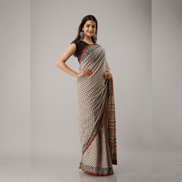 Small Motif Bagru Printed Cotton Saree - Frionkandy