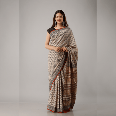 Small Motif Bagru Printed Cotton Saree - Frionkandy