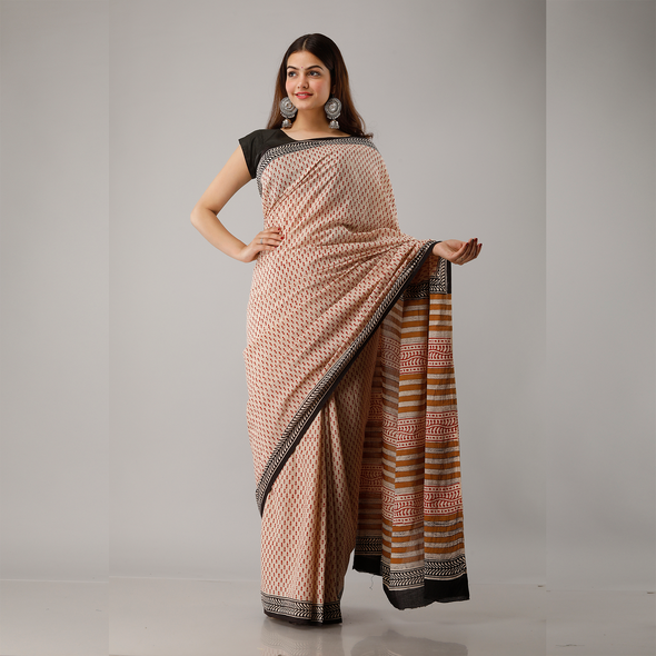 Maroon Small Motif Bagru Printed Cotton Saree - Frionkandy