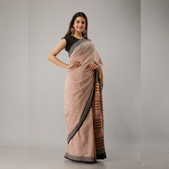 Maroon Small Motif Bagru Printed Cotton Saree - Frionkandy
