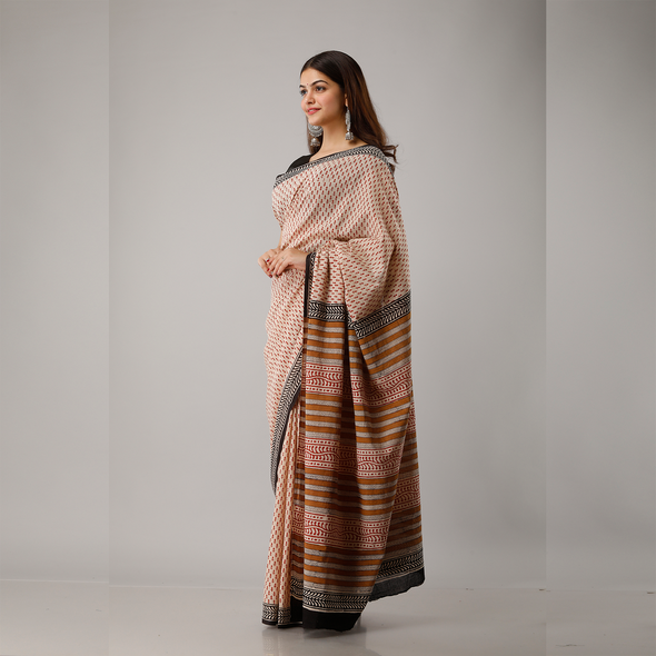 Maroon Small Motif Bagru Printed Cotton Saree - Frionkandy