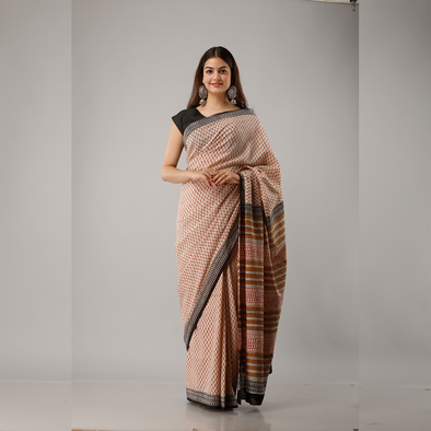 Maroon Small Motif Bagru Printed Cotton Saree - Frionkandy