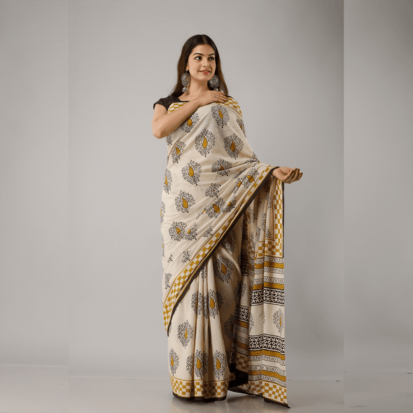 Yellow Leaf Bagru Printed Cotton Saree - Frionkandy