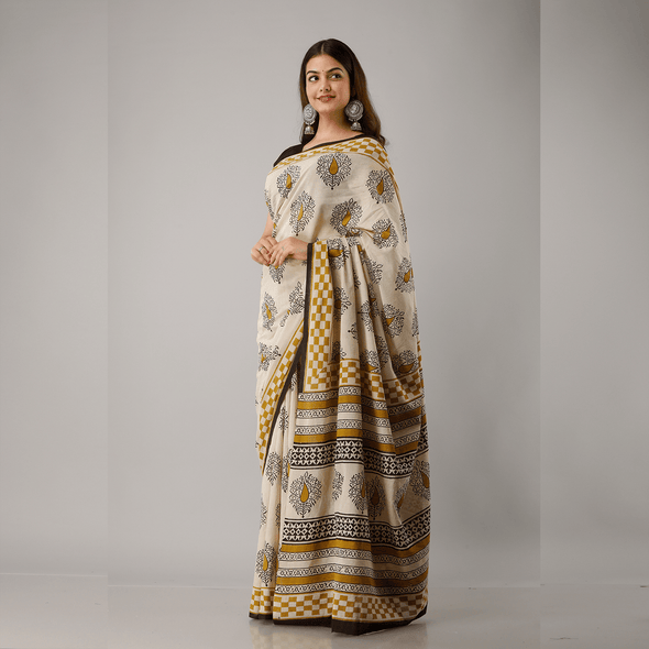 Yellow Leaf Bagru Printed Cotton Saree - Frionkandy