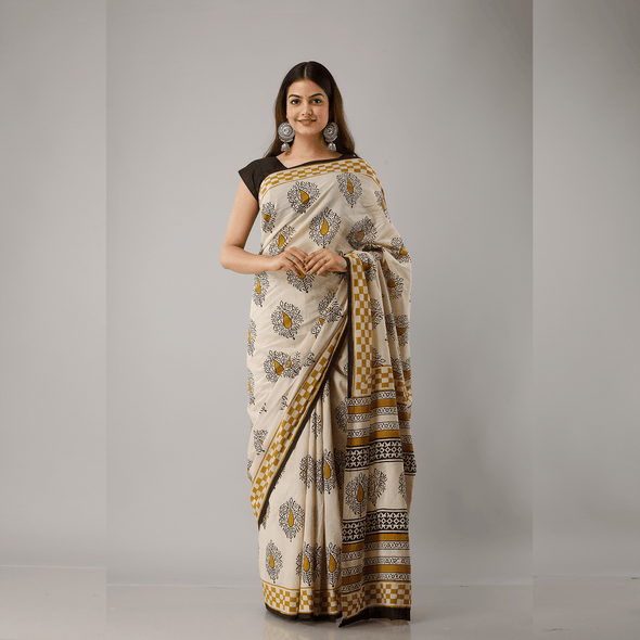 Yellow Leaf Bagru Printed Cotton Saree - Frionkandy