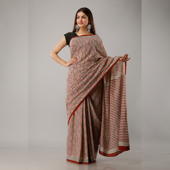 Maroon Diamond Printed Bagru Cotton Saree - Frionkandy