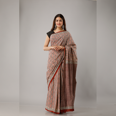 Maroon Diamond Printed Bagru Cotton Saree - Frionkandy