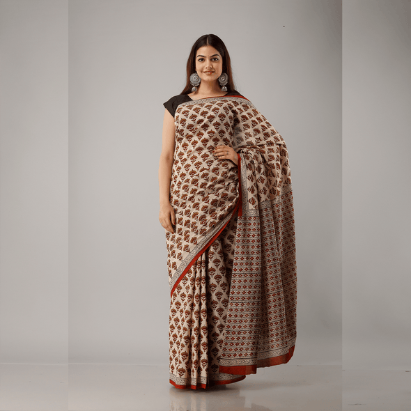 Scallop Motif Printed Bagru Cotton Saree - Frionkandy