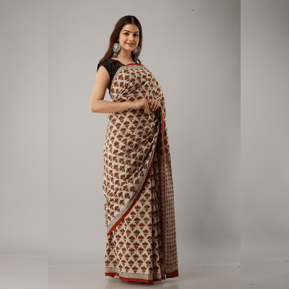 Scallop Motif Printed Bagru Cotton Saree - Frionkandy