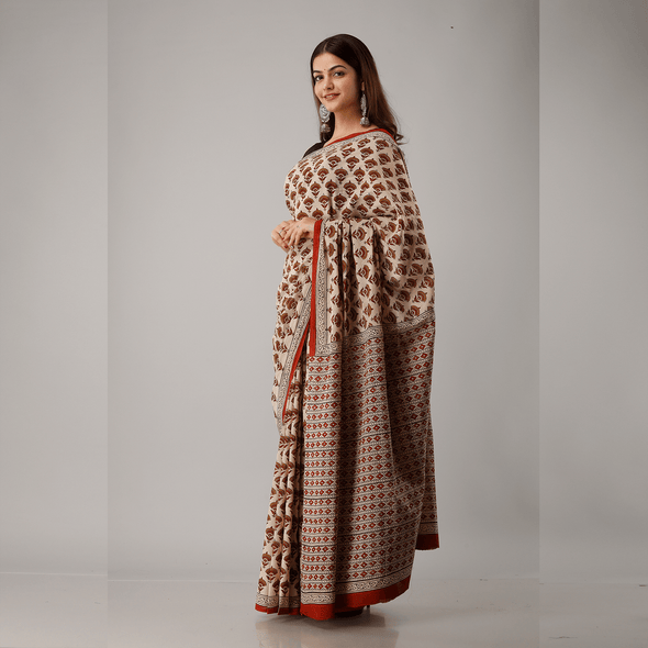 Scallop Motif Printed Bagru Cotton Saree - Frionkandy