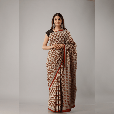 Scallop Motif Printed Bagru Cotton Saree - Frionkandy