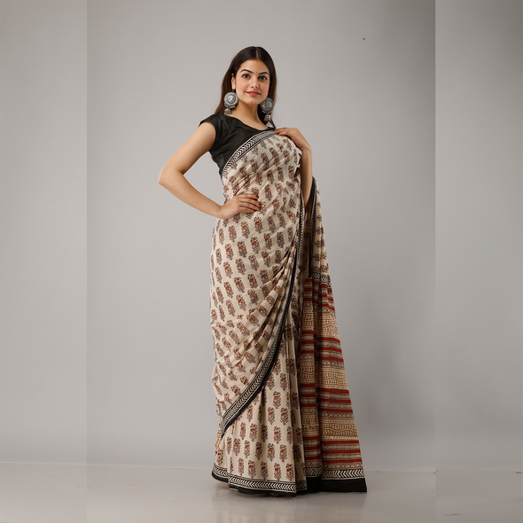 Floral Block Print Bagru Cotton Saree - Frionkandy