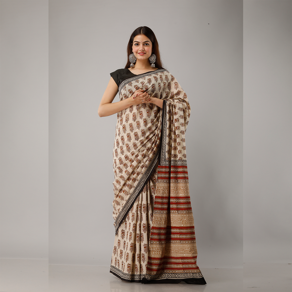 Floral Block Print Bagru Cotton Saree - Frionkandy