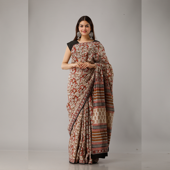 Floral Jaal Printed Bagru Cotton Saree - Frionkandy