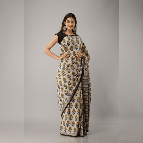 Yellow Flower Printed Off White Bagru Cotton Saree - Frionkandy