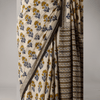 Yellow Flower Printed Off White Bagru Cotton Saree - Frionkandy