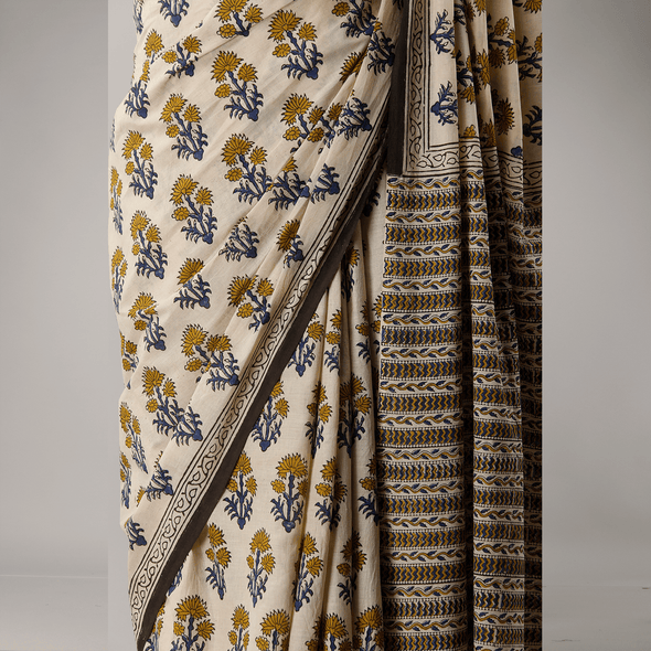 Yellow Flower Printed Off White Bagru Cotton Saree - Frionkandy